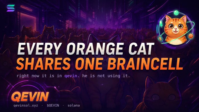 A Solana memecoin promotional banner featuring orange cats with the text 'EVERY ORANGE CAT SHARES ONE BRAINCELL, right now it is in qevin. he is not using it.' The token ticker is $QEVIN with the website qevinsol.xyz.