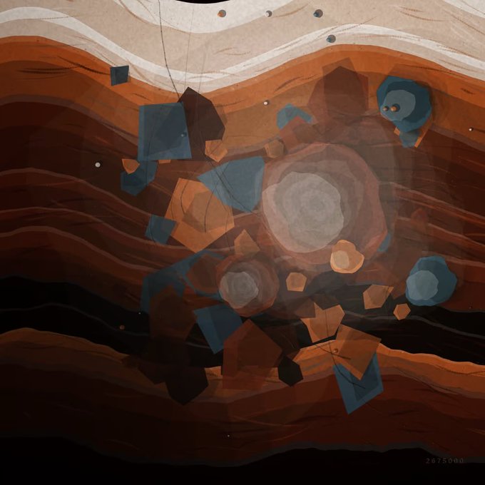 An abstract digital artwork depicting floating geometric shapes in orange, blue, and brown tones against wavy layered bands, with the number '2975000' in the corner.
