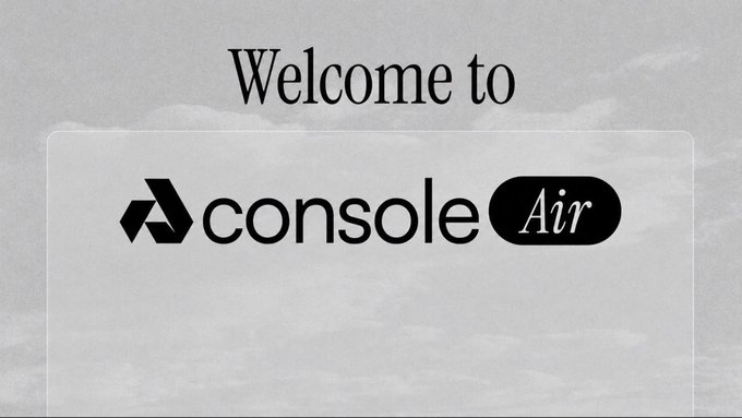 The image shows a sign that says "Welcome To Console Air" with an arrow pointing towards the console air logo, which is a black and white design of a console air logo. The text below the logo reads "Self-custody users on Akash can now access their wallet deployments directly through Console Air". This suggests that Console Air is a platform for users to manage their wallet deployments without the need for a traditional wallet setup or server infrastructure, providing a more user-friendly and accessible way of managing their finances.