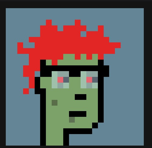 A pixel art style portrait of a green-skinned zombie-like character with red hair.