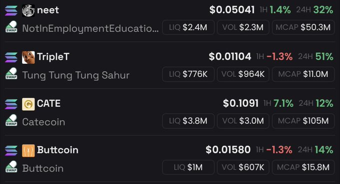 A list of Solana memecoins shows 'neet' up 32%, 'TripleT' (Tung Tung Tung Sahur) up 51%, 'CATE' (Catecoin) up 12%, and 'Buttcoin' up 14% over 24 hours.