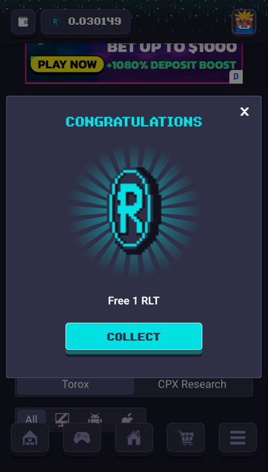 The image shows a phone screen with an advertisement for a new app called "rollercoaster" that allows users to earn RLT (Ranking List Technique) points by playing games, which can be used as rewards or credits. The app is available on both iOS and Android platforms. The post also mentions the game "Torox Research", suggesting that it might be related to a specific research project or study.