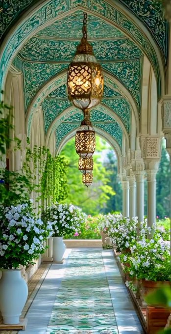 An ornate Middle Eastern-style corridor with turquoise patterned tile ceilings, hanging Moroccan lanterns, white columns, and white flowering plants lining a green patterned carpet.