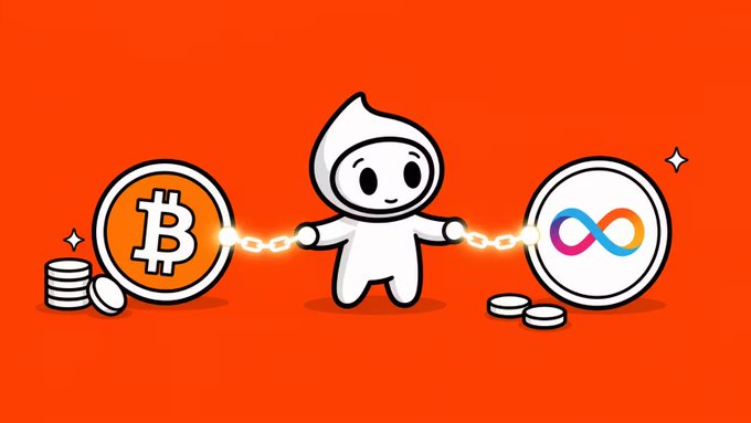 A cartoon mascot character on an orange background, chained between a Bitcoin (₿) coin on the left and an infinity symbol coin on the right.