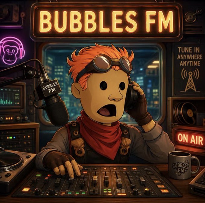 The image features a cartoon character dressed as a pirate, sitting at a desk with a microphone and radio equipment. The pirate appears to be talking into the microphone while wearing a red bandana around his neck. In the background, there are various pieces of audio equipment such as a radio and a coffee cup. The post also mentions that this pirate radio station is broadcasted from the Metaverse, which suggests it might be an underground radio station or a pirate-themed podcast.

The image seems to be related to the post about Bubbles FM because the pirate character in the cartoon represents the name of the radio station. The pirate radio station being broadcasted 24/7 is another reference to the name "Bubbles FM."