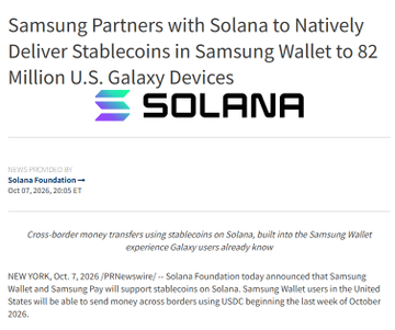 A news announcement stating 'Samsung Partners with Solana to Natively Deliver Stablecoins in Samsung Wallet to 82 Million U.S. Galaxy Devices,' featuring the Solana logo.