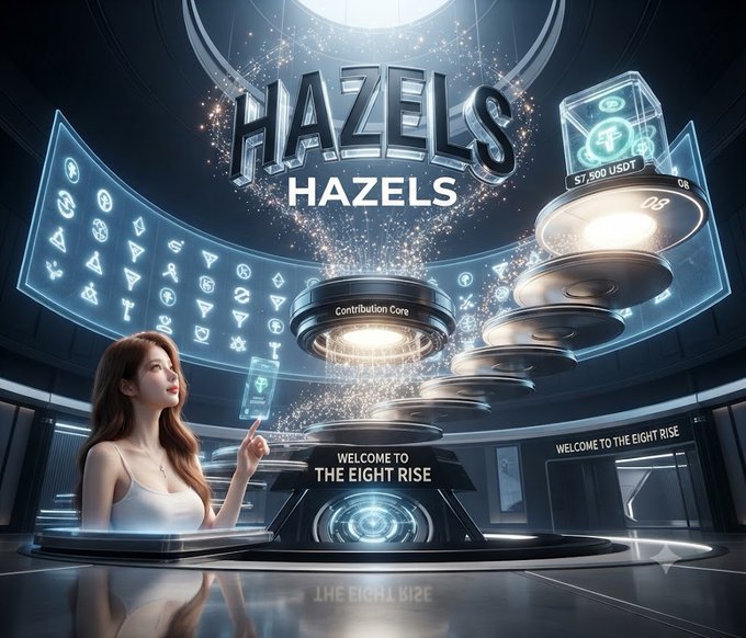 A digital promotional graphic features a woman pointing at glowing holographic displays, with prominent text reading 'HAZELS', 'WELCOME TO THE EIGHT RISE', and '$7,000 USDT'.