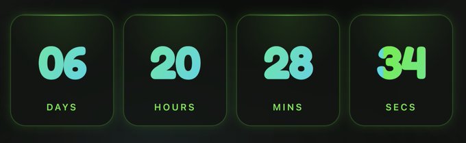 A digital countdown timer displays 06 days, 20 hours, 28 minutes, and 34 seconds remaining in glowing green numerals on a black background.