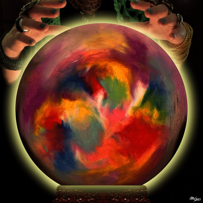 Two hands adorned with rings hover over a glowing crystal ball filled with swirling red, yellow, and green colors, set against a dark background.