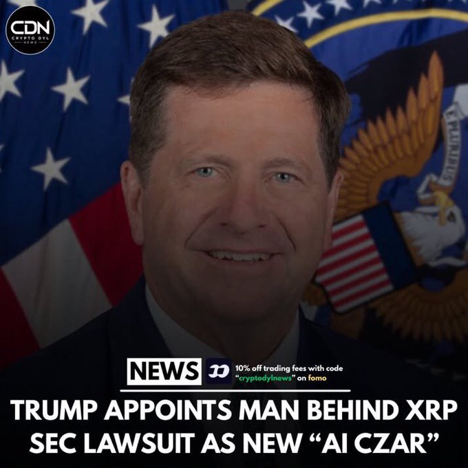 A Crypto Daily News (CDN) graphic showing a man in a suit smiling in front of American flags, with the headline 'TRUMP APPOINTS MAN BEHIND XRP SEC LAWSUIT AS NEW "AI CZAR".'