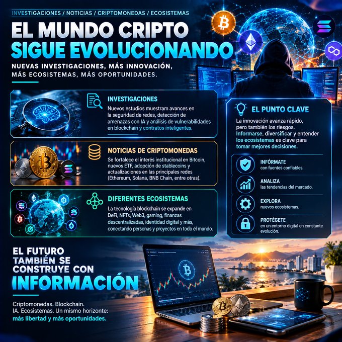 A Spanish-language infographic titled 'EL MUNDO CRIPTO SIGUE EVOLUCIONANDO' detailing cryptocurrency news and ecosystems, featuring images of Bitcoin, blockchain networks, and a hooded figure at a computer.
