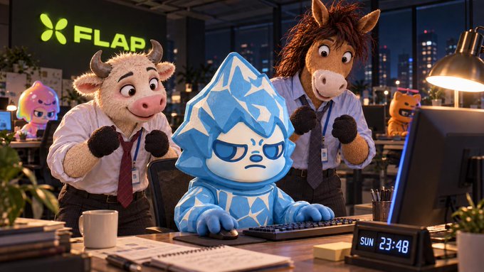 A 3D-rendered scene in an office lit by purple "FLAP" signage, showing a blue crystal-headed character at a keyboard being watched by a cow and horse in business attire, with a digital clock displaying "SUN 23:48."