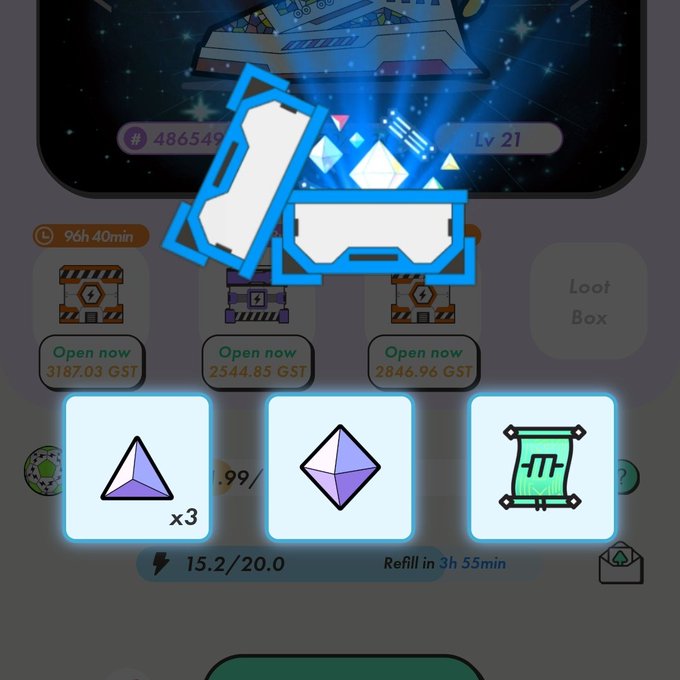 A mobile game interface featuring a glowing loot box opening animation, displaying rewards including a purple pyramid (x3) and a green scroll, with a GST token balance of 486549 and level 21.