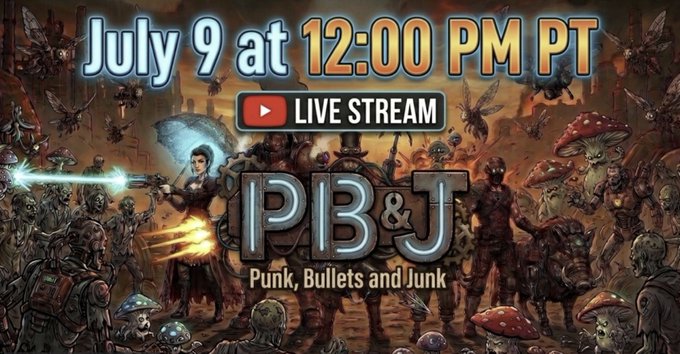 Promotional graphic for a live stream of "PB&J: Punk, Bullets and Junk" scheduled for July 9 at 12:00 PM PT, featuring chaotic artwork of armed characters battling monsters and zombies, which visually represents the game's punk-themed action gameplay being streamed on YouTube.