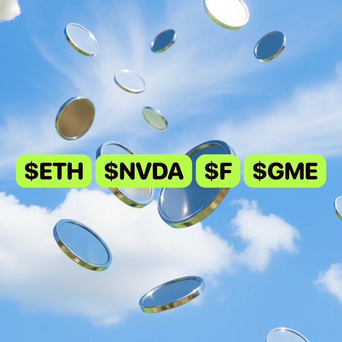 Coins fall from a bright blue sky behind four green buttons displaying the tickers "$ETH," "$NVDA," "$F," and "$GME," illustrating the meme-stock and asset pairing concept promoted by Pons on Uniswap v4.