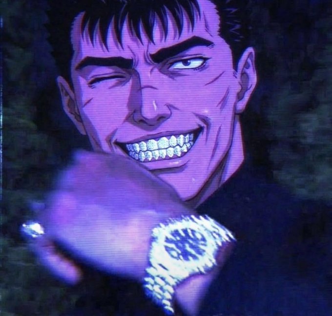 A close-up anime illustration of a grinning man with diamond-encrusted teeth showing off a large jeweled ring and watch.