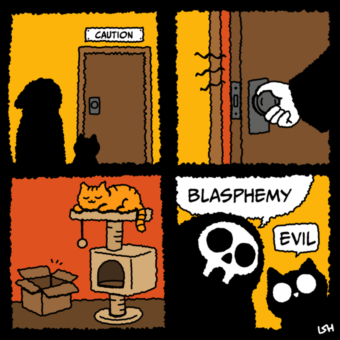 A four-panel comic showing a person and cat approaching a door marked "CAUTION," a hand opening a cracked door with a red glow, a cat sleeping on a cat tree next to an empty box, and a skull and cat character with speech bubbles reading "BLASPHEMY" and "EVIL," signed "LSH"—evoking a humorous supernatural/horror theme that matches the collectible's title.