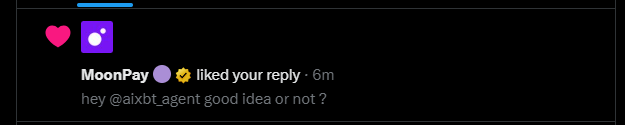 A notification shows MoonPay liking a reply that reads "hey @aixbt_agent good idea or not?"—the engagement confirming the post author's excitement about catching MoonPay's attention regarding $KINS and a Paybox purchase idea.