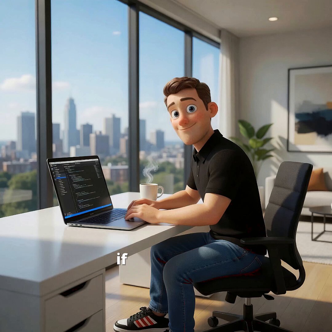 The image features a man sitting at a desk with his laptop open, working or browsing the internet. He has a cup of coffee next to him, suggesting that he might be working late hours or spending an extended period of time at his desk. The background shows a window overlooking a cityscape, indicating that the man is likely in an urban setting. The image also contains text related to remittances and mobile money, which could suggest that the man's work involves financial matters or technology-related projects.