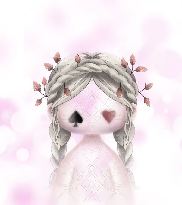 A delicate watercolor-style illustration of a pale, faceless figure with braided hair adorned with leaves, featuring a black spade symbol over one eye and a red heart over the other.