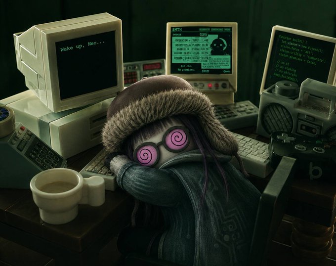 A whimsical 3D-rendered figure wearing a furry trapper hat and glasses with pink spiral lenses sleeps with their head on a keyboard, surrounded by vintage CRT monitors, one displaying "Wake up, Neo..."