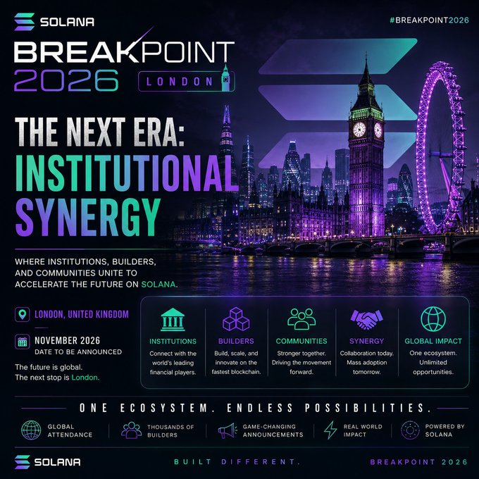 Promotional graphic for Solana's Breakpoint 2026 event in London, themed 'The Next Era: Institutional Synergy,' scheduled for November 2026 with the tagline 'Built Different.' and 'One Ecosystem. Endless Possibilities.'