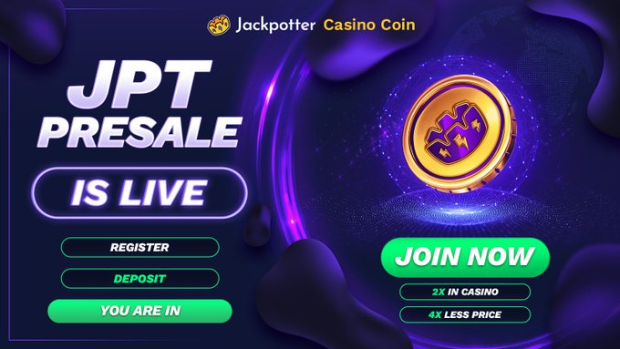 A promotional banner for 'Jackpotter Casino Coin' featuring a 'JPT PRESALE IS LIVE' announcement with Register, Deposit, and 'YOU ARE IN' buttons, alongside a gold 'JOIN NOW' coin graphic on a purple background.