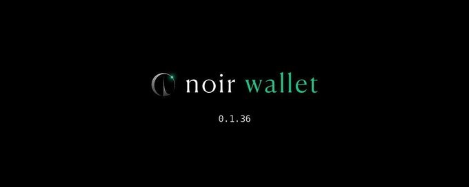 A minimalist dark-themed splash screen displaying the 'noir wallet' logo with a crescent moon icon and version number 0.1.36.