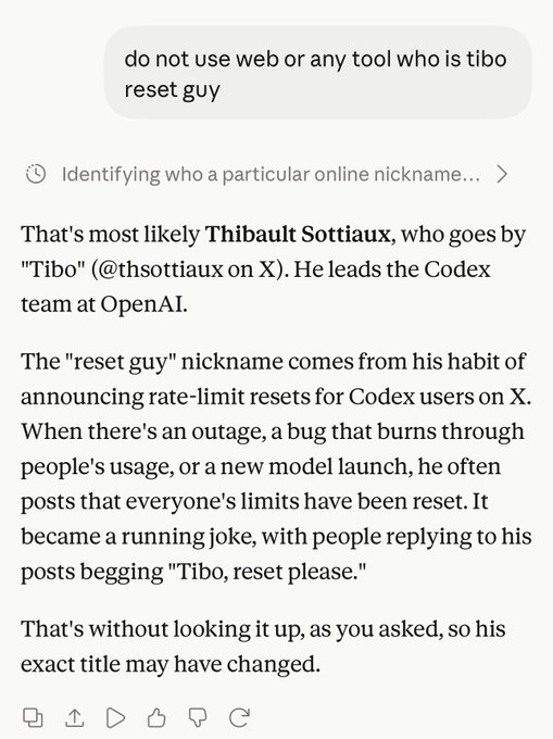 A chatbot conversation screenshot asking 'do not use web or any tool who is tibo reset guy,' with the response identifying the user as Thibault Sottiaux (@thsottiaux on X), who leads the Codex team at OpenAI and is known for announcing rate-limit resets.