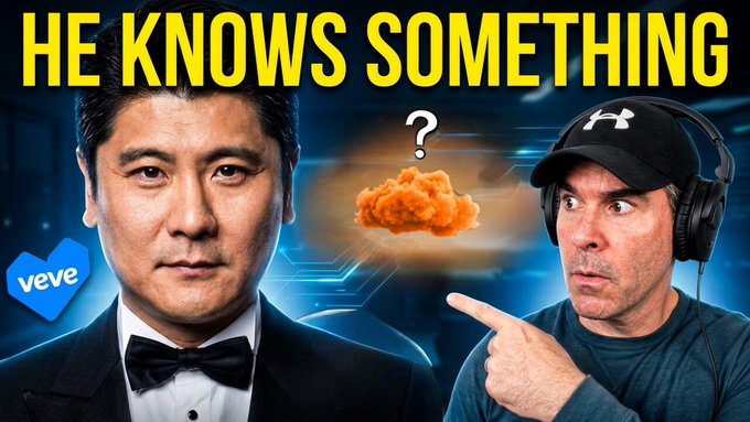 A YouTube-style thumbnail with the text 'HE KNOWS SOMETHING' showing a man in a black tuxedo on the left (with a 'veve' logo), an orange explosion graphic with a question mark in the middle, and a surprised man in a black Under Armour cap pointing on the right.