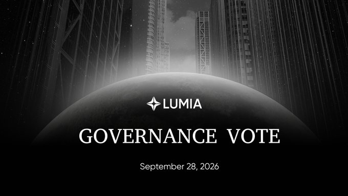 A dark, futuristic graphic with skyscrapers reads 'LUMIA GOVERNANCE VOTE, September 28, 2026'.