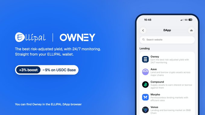 A promotional graphic announcing the Owney dApp's integration with the ELLIPAL wallet, featuring a blue background with the ELLIPAL and Owney logos, a "+3% boost" badge highlighting the boosted ~9% APY on USDC Base, and a smartphone mockup displaying the ELLIPAL DApp browser's Lending section where Owney appears as the top option.