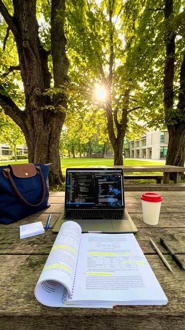 An outdoor study scene on a wooden picnic table with a laptop, open textbook, pen, paper, coffee cup, and blue bag, set under sunlit trees near a campus building.
