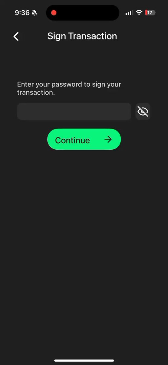 The image shows a phone screen with an app icon, which appears to be a sign transaction app. The main focus of the image is a green button that reads "Sign Transaction" at the top center of the screen. Below this button, there are instructions for entering a password and signing in. The background of the image is black, making it easy to read the text on the phone screen.