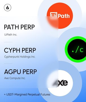 Promotional graphic from HTX Futures announcing new TradFi perpetual futures listings, featuring PATH PERP (UiPath Inc.), CYPH PERP (Cypherpunk Holdings Inc.), and AGPU PERP (Axe Compute Inc.) as USDT-Margined Perpetual Futures, alongside an "mPath" logo and the ".c" Cypherpunk ticker symbol.