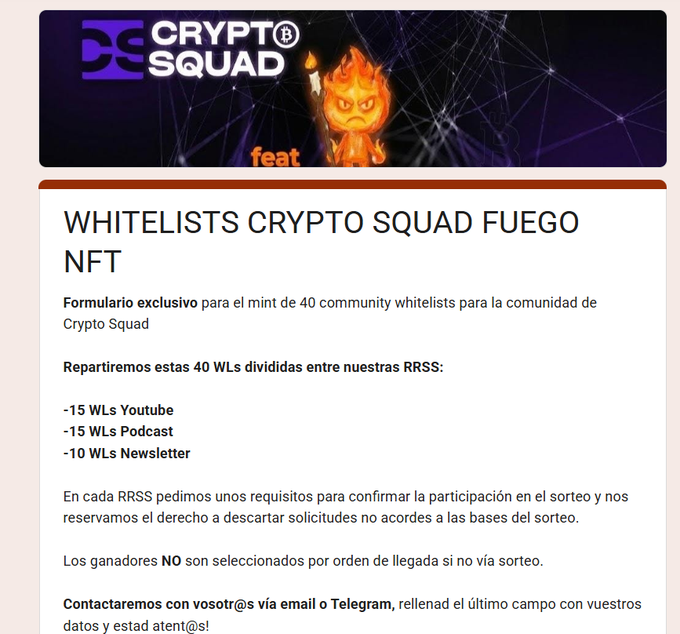 A promotional banner for Crypto Squad featuring "Whitelists Crypto Squad Fuego NFT," advertising 40 community whitelist spots (15 YouTube, 15 podcast, 10 newsletter) for an exclusive mint form, with a fire mascot graphic and the text "feat." The image relates to the post by announcing the whitelist giveaway for the upcoming Lighter Ecosystem NFT mint, where participants in the social media draw earn a "Community WL."