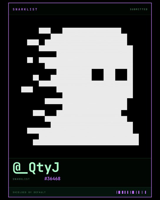 A retro-style pixel art graphic with purple accents featuring a skull-like profile, titled 'SNARKLIST' with the handle '@_QtyJ' and number '#36468'.