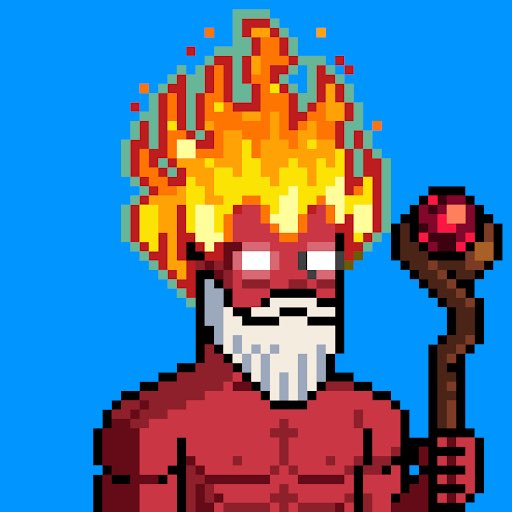 Pixel art illustration of a muscular figure with a flaming crown, white beard, and a staff topped with a red orb against a bright blue background.