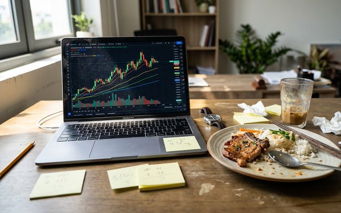 A MacBook Pro on a wooden desk displays a stock or crypto trading chart, next to a half-eaten meal, sticky notes, and an iced coffee.