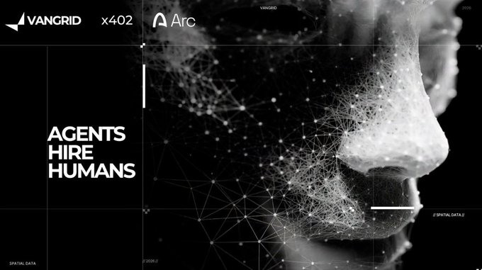 A black and white futuristic graphic featuring a face composed of network nodes and connections, with the VANGRID x402 Arc logos and text reading 'AGENTS HIRE HUMANS'.