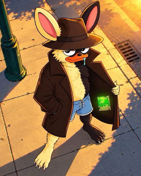An anime-style illustration depicts a brown furry creature wearing a fedora, trench coat, and shorts, holding open its coat to reveal a glowing green symbol with the letters 'GM'.