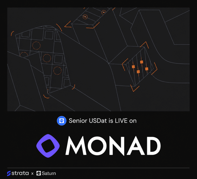 The image shows a dark, futuristic graphic with orange geometric line art above text announcing "Senior USDat is LIVE on MONAD," featuring the purple Monad logo, along with "strata × Saturn" branding at the bottom—announcing the launch of a USDat product on the Monad network in partnership with Strata Markets and Saturn.