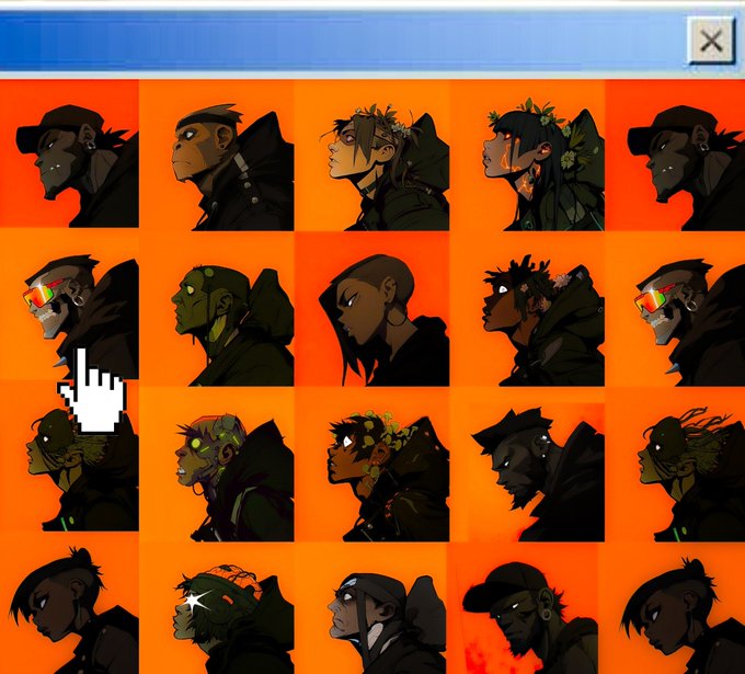 A digital character selection screen displaying a grid of 20 stylized profile portraits with cybernetic/augmented features against an orange checkered background.