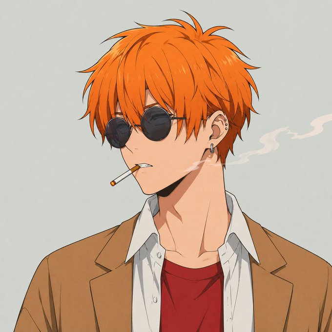 An anime-style portrait of a young man with bright orange hair, round sunglasses, a brown blazer over a white shirt and red tee, smoking a cigarette.