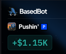 The image shows a cryptocurrency tip notification displaying "+$1.15K" sent to "Pushin'" (with a Pushin' P icon) from "BasedBot" via Push. This appears to be the recipient sharing evidence of a tip they received, likely using it to gain attention or credibility for their own giveaway contest where they're distributing $50 among 5 followers who comment with their Binance UID.