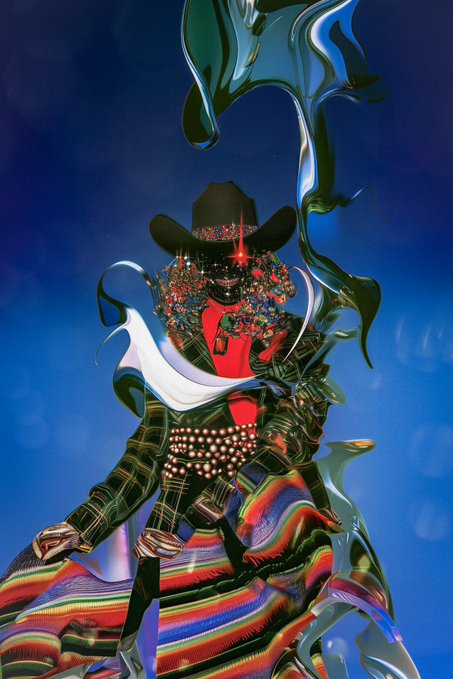 A digital artwork featuring a stylized cowboy figure adorned with a black hat, floral mask, and a vibrant multicolored striped poncho against a deep blue background, with flowing chrome-like ribbons swirling above—visually embodying the cosmic "Galactic Trickster" theme of the NFT titled "When the Galactic Trickster Smiles at Earth."