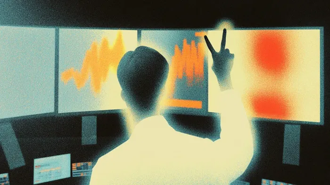 A silhouetted figure in a hoodie holds up two fingers in a peace sign while surrounded by glowing trading screens displaying jagged candlestick charts in orange and red tones, evoking the specter of anonymous insider trading on prediction markets. The shadowy, faceless trader visually reinforces the article's concern about political elites exploiting nonpublic information on platforms like Polymarket.