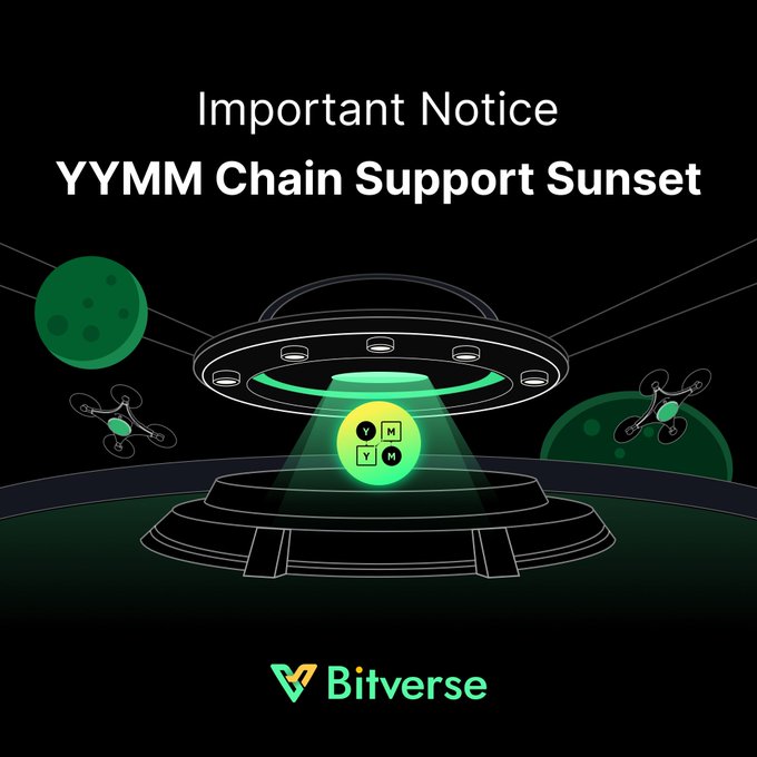 A Bitverse announcement graphic featuring a UFO abducting a glowing YYMM token with a green beam, alongside floating planets and drones, visually representing the upcoming "YYMM Chain Support Sunset" on July 31, 2026. The space-themed illustration metaphorically depicts the chain being "taken away" as Bitverse ends support and block production permanently ceases.