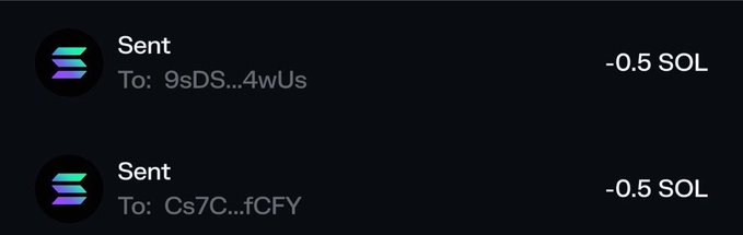 A screenshot showing two "Sent" transactions of -0.5 SOL each to wallet addresses "9sDS...4wUs" and "Cs7C...fCFY", illustrating the poster's fulfilled airdrop requests to users asking for SOL.