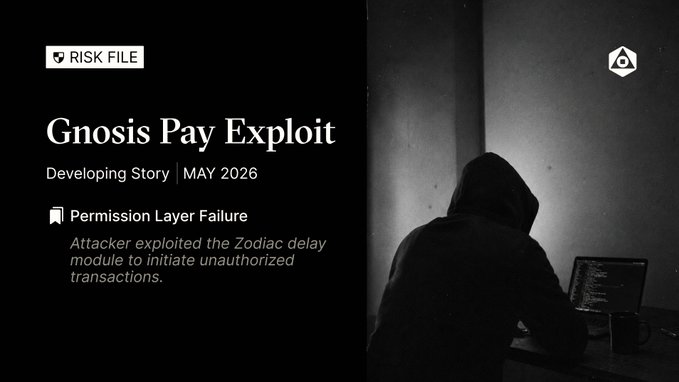 The image shows a person sitting at a desk with a laptop computer open in front of them. There are two descriptions provided about the exploit, one being "Gnosis Pay exploited via the Zodiac delay module" while the other says "Attackers initiated transactions directly from Safe wallets." The text also mentions that the exploit was detected on May 2016 and that it has been identified as a vulnerability.
